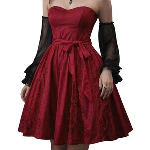 Moulinette Soeurs Goth Whimsigoth Lace Inset Strapless Red Cotton Dress 2